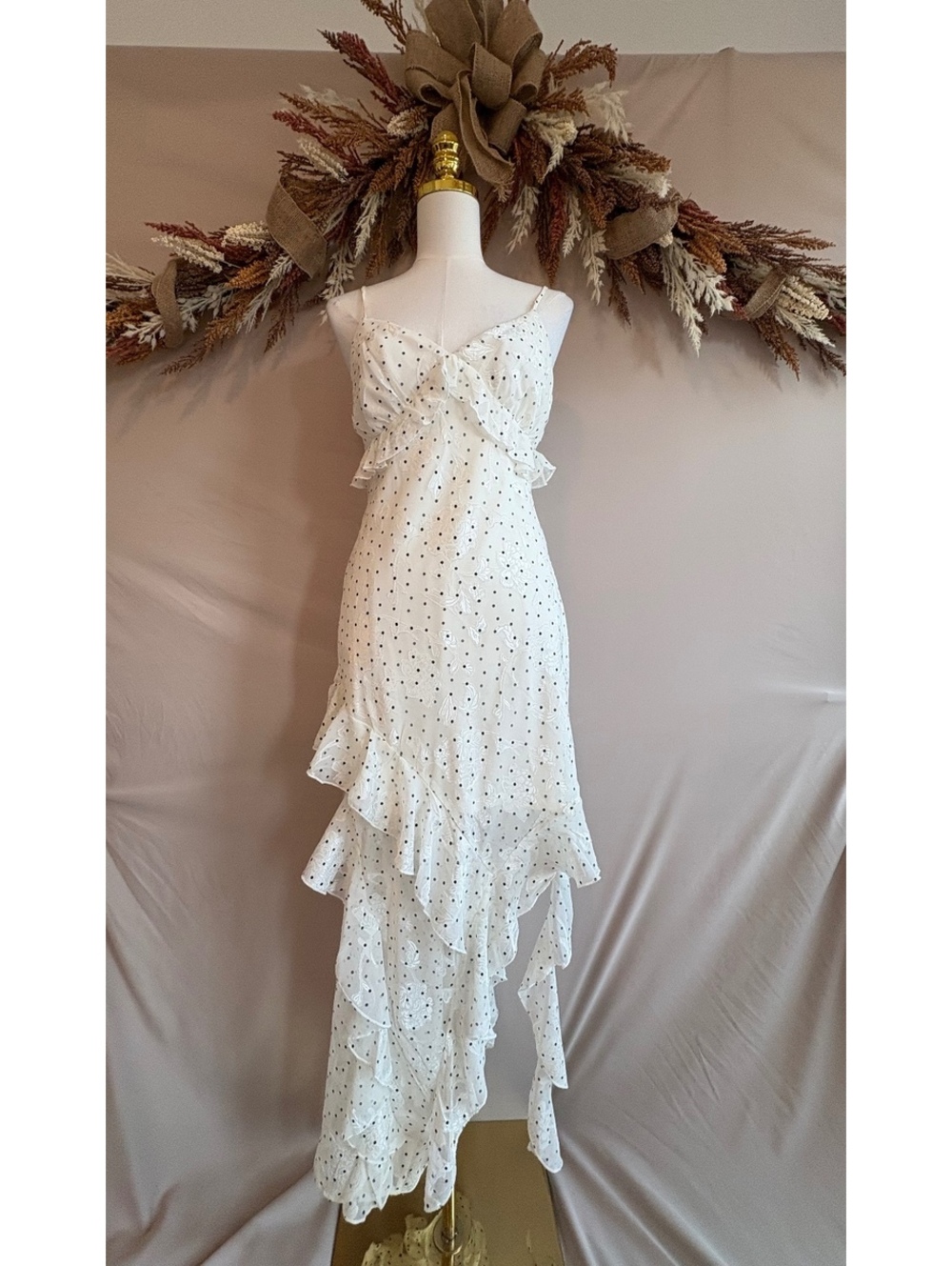 White Polka Dot Ruffle Maxi Dress with Spaghetti Straps